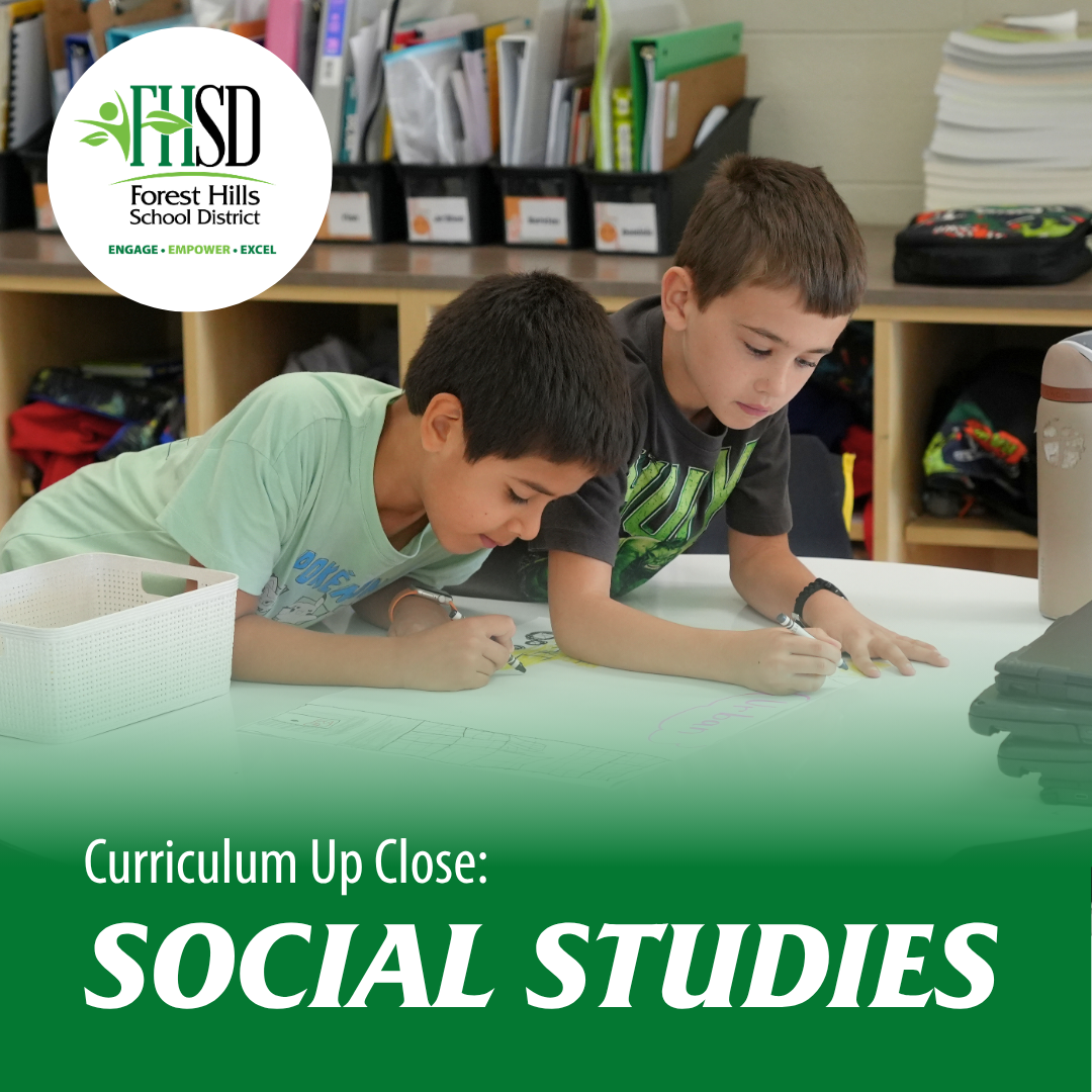 article cover with a photo of two young students coloring, FHSD logo in the top left corner and text at the bottom that says "Curriculum Up Close: Social Studies"